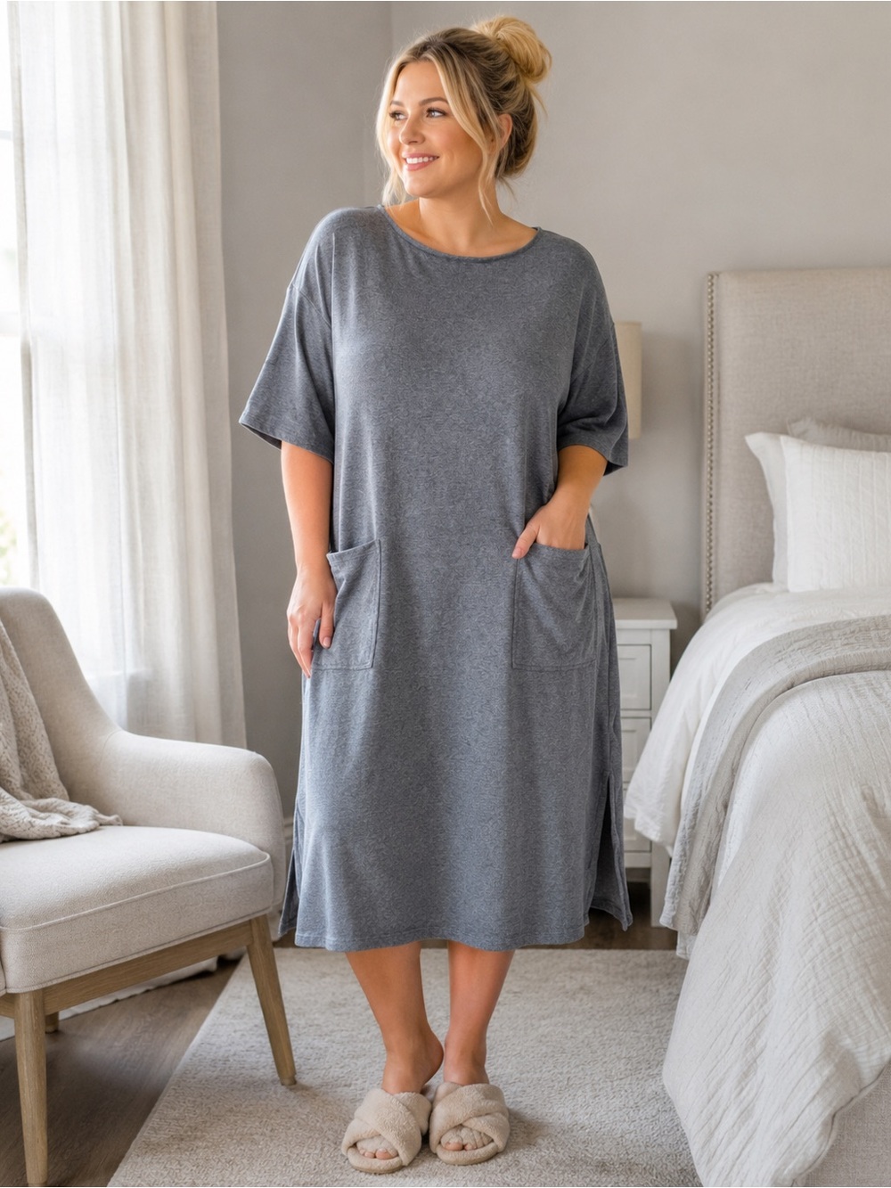 NAP Loungewear Women’s Large Modal Pocket Midi Sleep Dress Gray Cozy Oversized